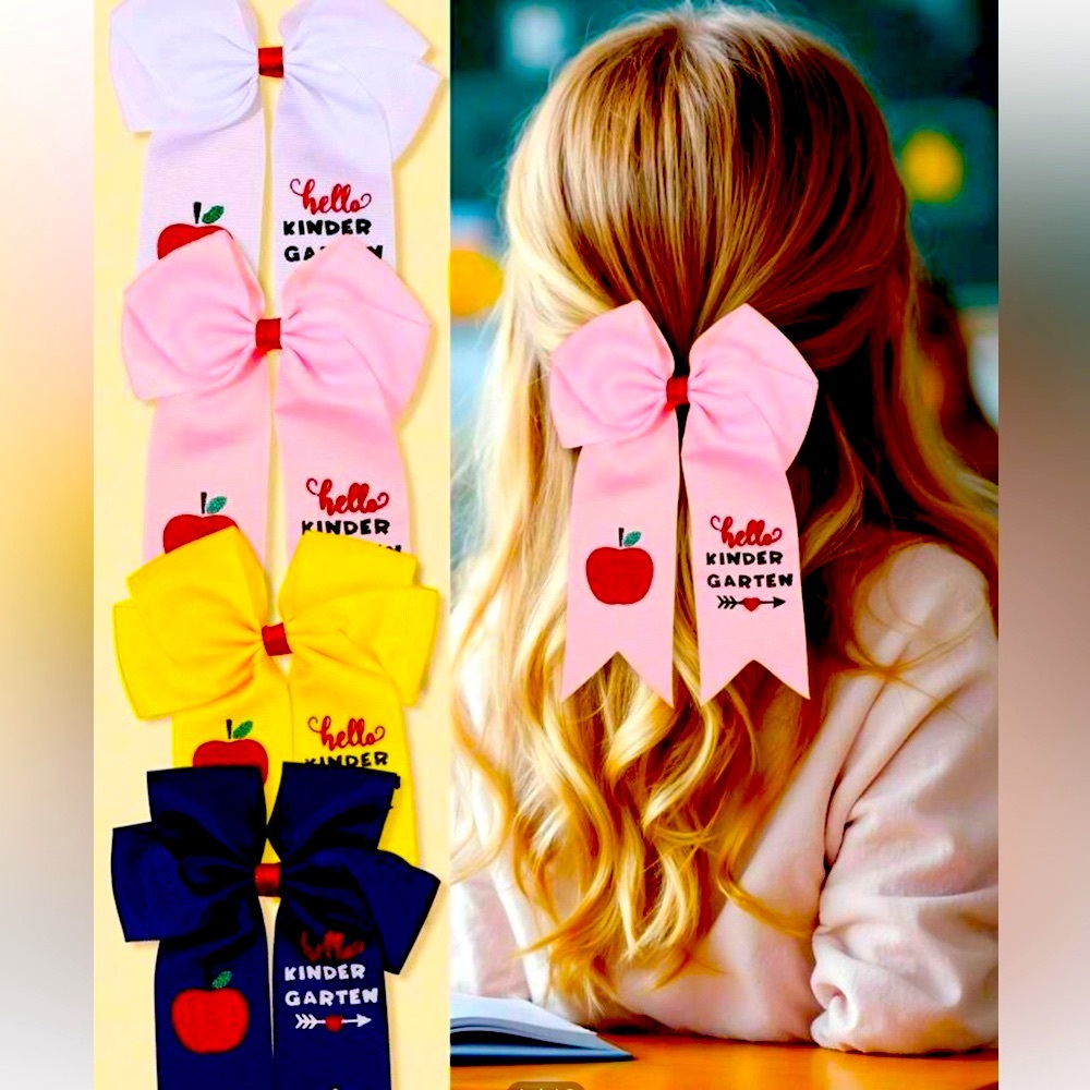 🍎🖍️✏️ “HELLO KINDERGARTEN” YELLOW KINDERGARTEN BOW WITH 🍎 RED APPLE DESIGN❗️ - Picture 4 of 4